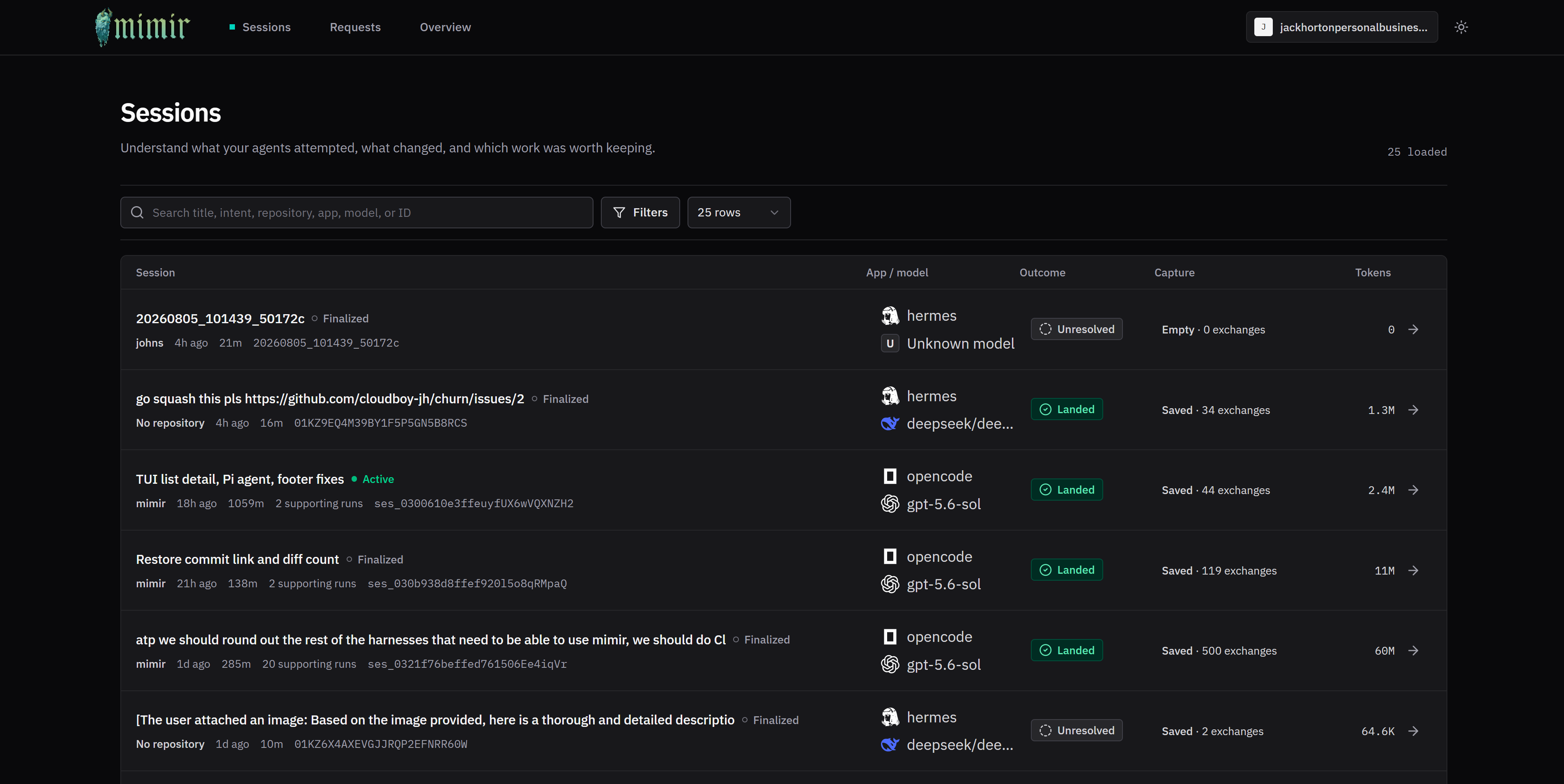 Mimir dashboard showing captured sessions, outcomes, models, and token usage